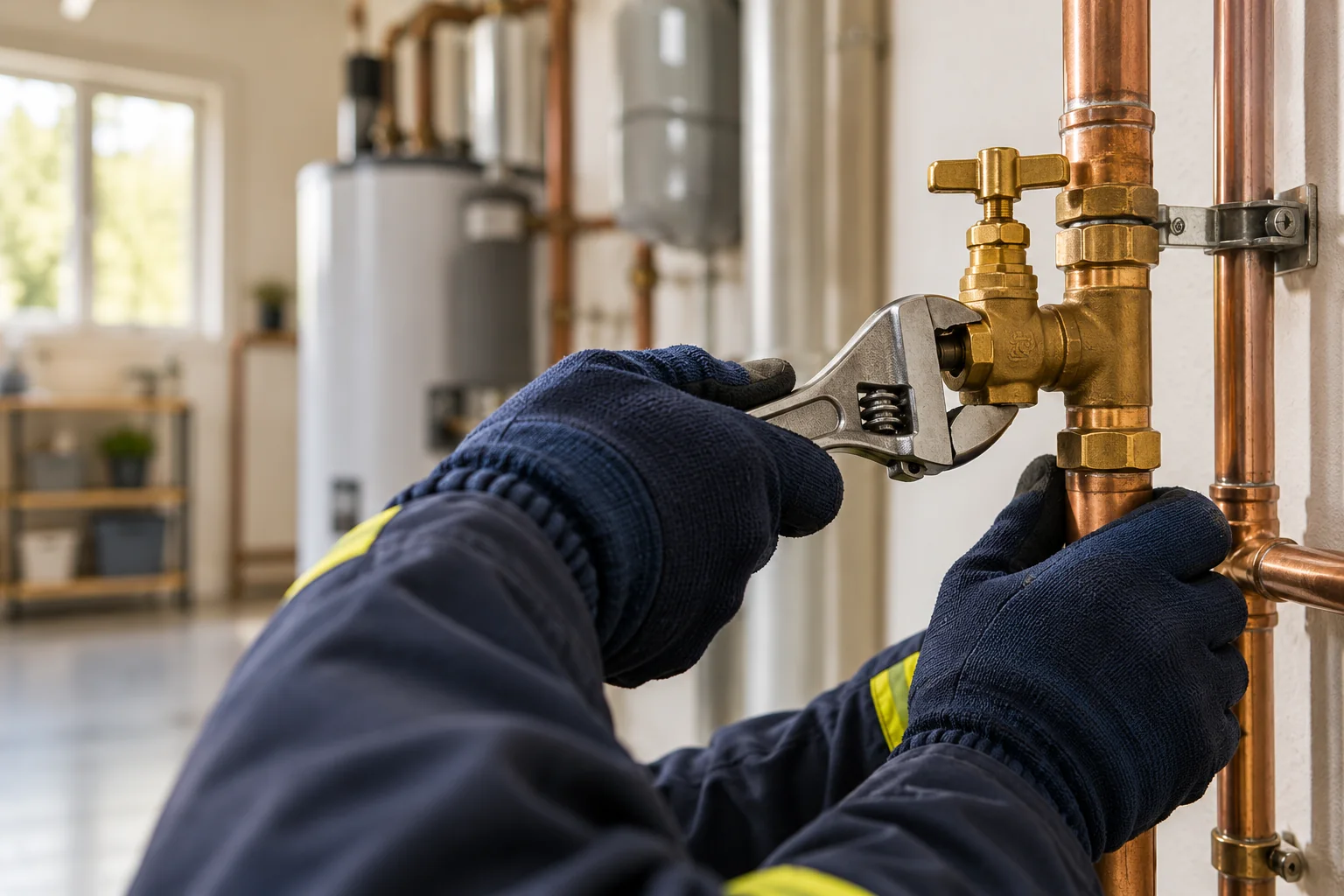 Illustration of gloved hands working on a brass plumbing valve